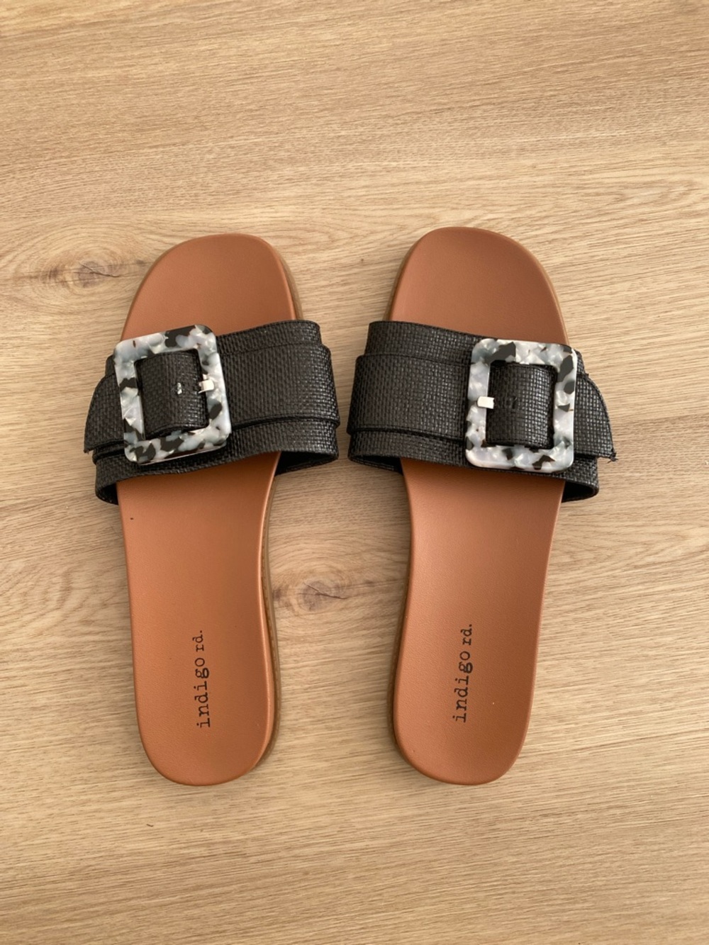 Indigo Black Slide Sandals with Tortoiseshell Buckle